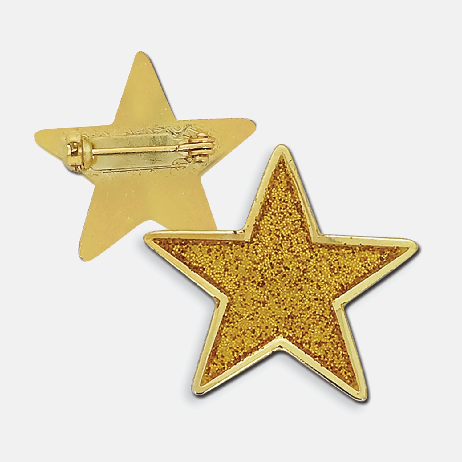 Gold glittery enamel badge in the shape of a star with gold trim. The reverse side shows a gold back with a pin fastening