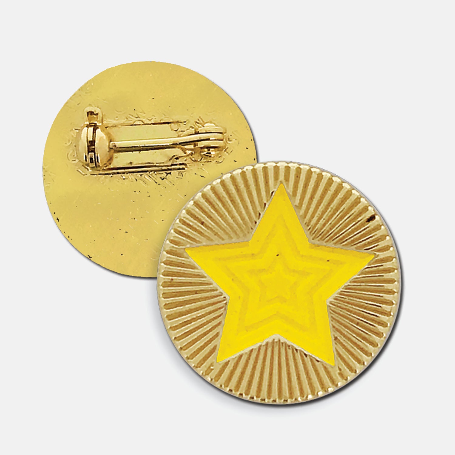 Gold enamel round badge with a radiating yellow star in the centre, the gold enamel surrounding the star is engraved to depict a starburst. The reverse side shows a gold back with a pin fastening.