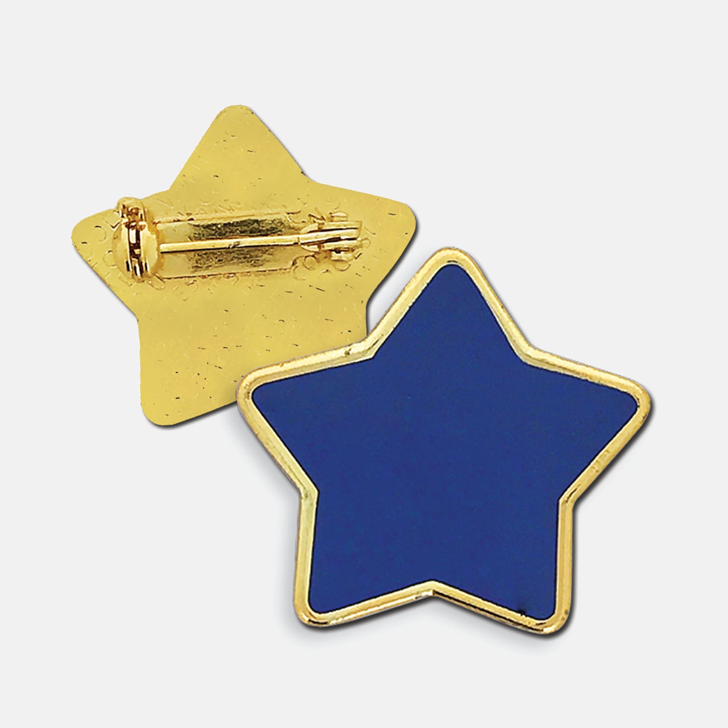 Red enamel badge in the shape of a star with gold trim. The reverse side shows a gold back with a pin fastening