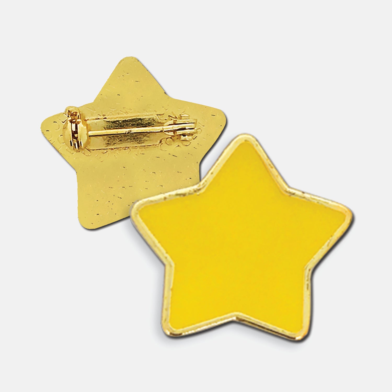 Yellow enamel badge in the shape of a star with gold trim. The reverse side shows a gold back with a pin fastening
