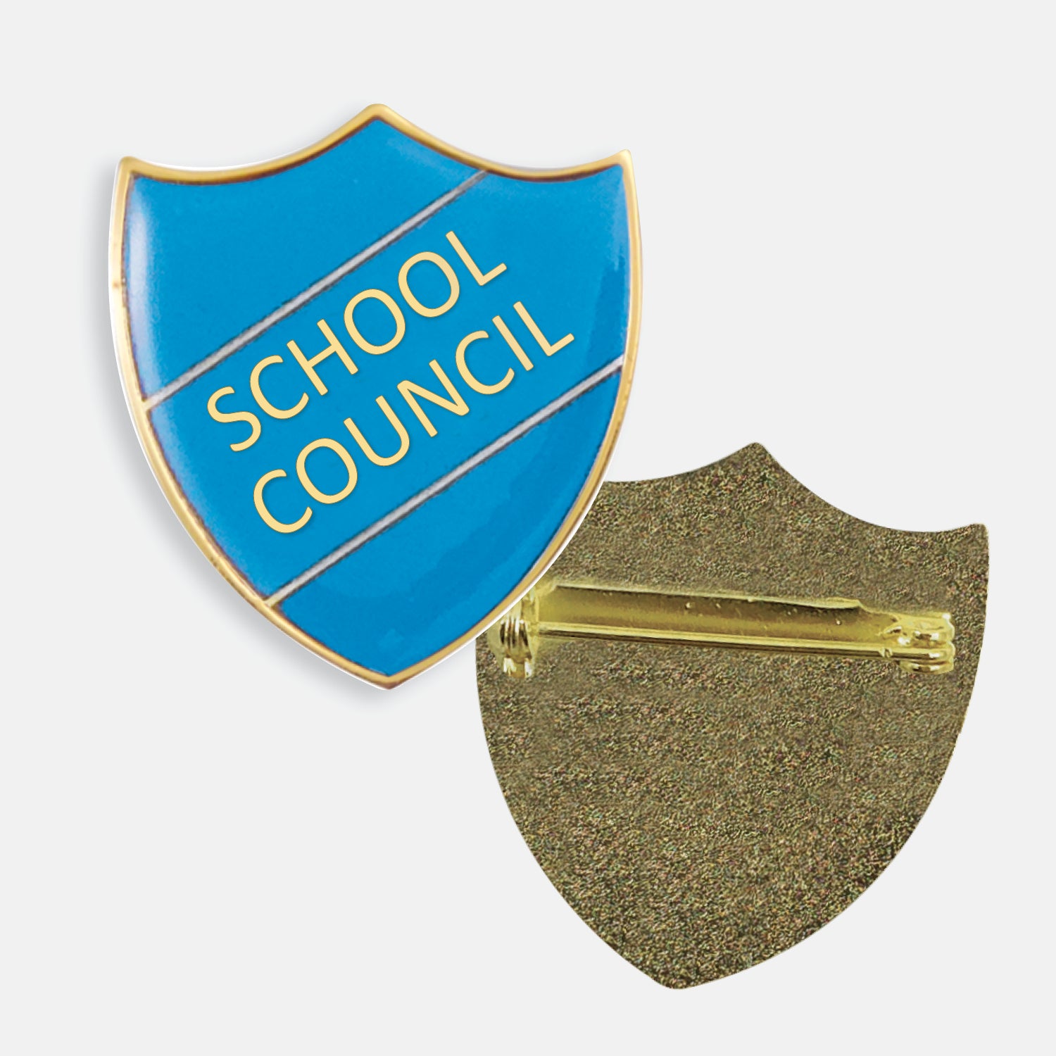 Orange enamel badge in the shape of a shield with gold trim and diagonal gold line either side of the words 'SCHOOL COUNCIL' in capital letters. The reverse side shows a textured gold back with a pin fastening
