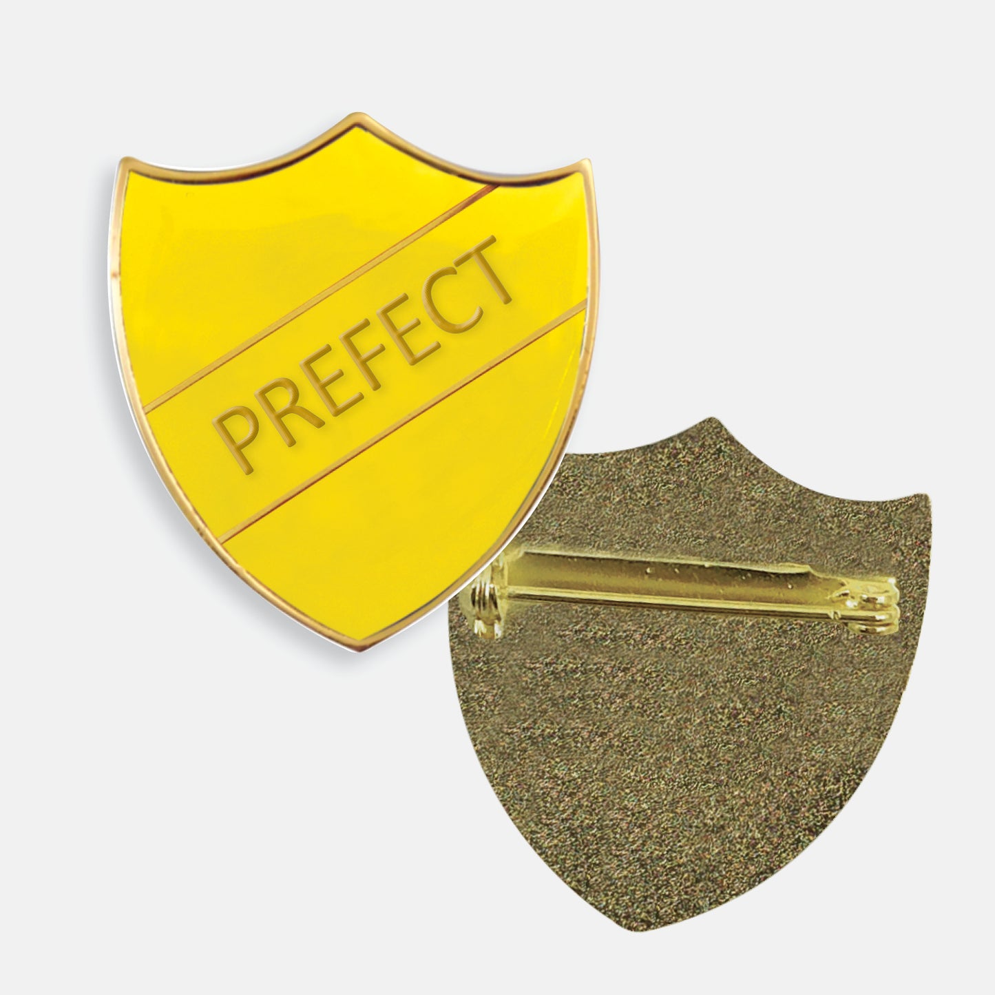 Yellow enamel prefect badge in the shape of a shield with gold trim and diagonal gold line either side of the word 'PREFECT' in capital letters. The reverse side shows a textured gold back with a pin fastening