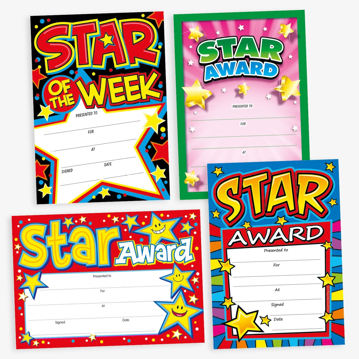 Assortment of A5 Star Award certificates in various vibrant designs, each featuring the bold title 'Star Award'. The certificates display colourful backgrounds with star motifs and include spaces for 'Presented to', 'For', 'At', 'Signed', and 'Date' entries, designed to celebrate and acknowledge pupil achievements.