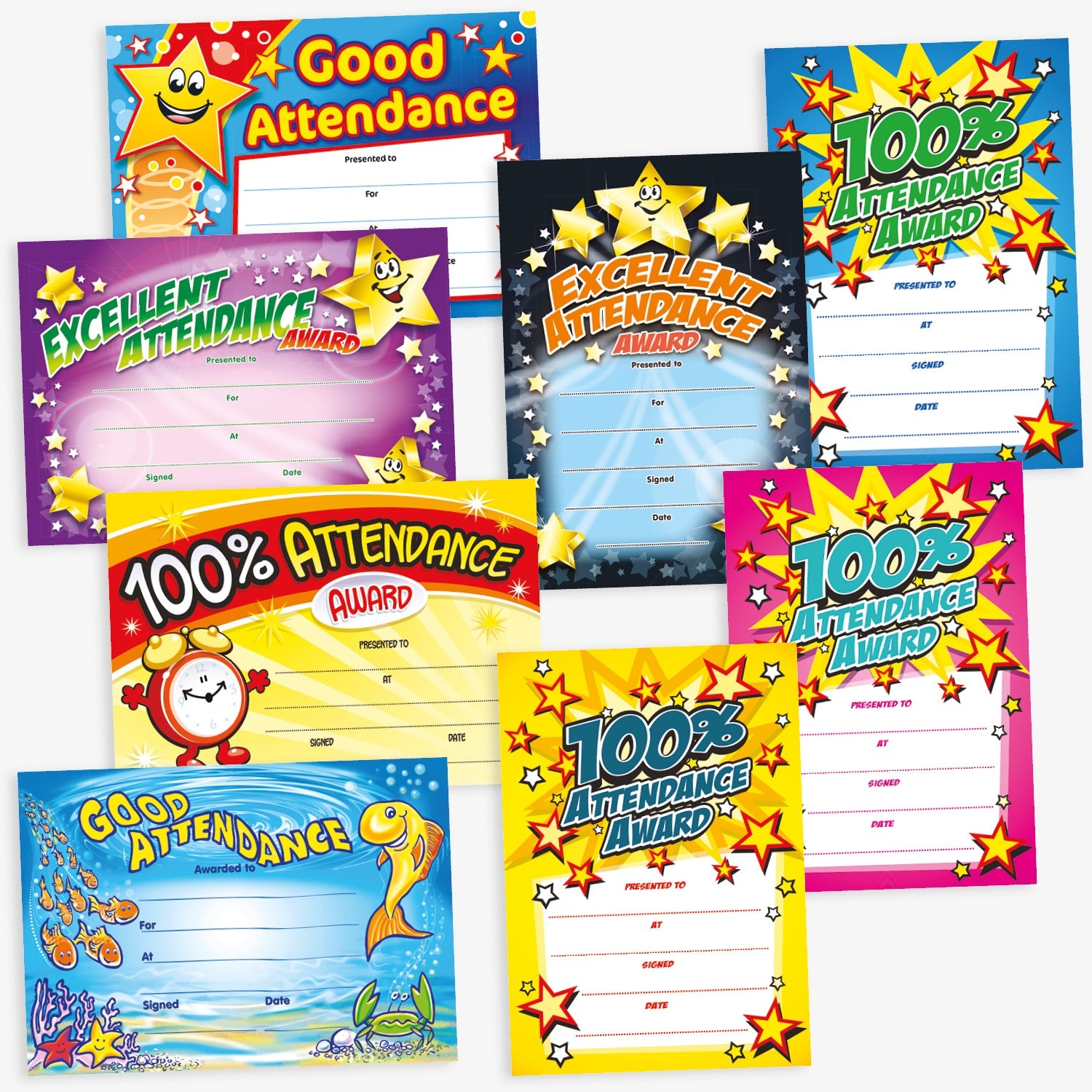 Assortment of A5 Attendance Award certificates in various vibrant designs, each featuring bold titles such as '100% Attendance Award', 'Excellent Attendance', and 'Good Attendance'. The certificates display colourful backgrounds with star motifs and include spaces for 'Presented to', 'For', 'Signed', and 'Date' entries, designed to celebrate and acknowledge pupil achievements.