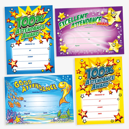 Assortment of A5 Attendance Award certificates in various vibrant designs, each featuring bold titles such as '100% Attendance Award', 'Excellent Attendance', and 'Good Attendance'. The certificates display colourful backgrounds with star motifs, and one with an undersea scene; includes spaces for 'Presented to', 'For', 'Signed', and 'Date' entries, designed to celebrate and acknowledge pupil achievements.