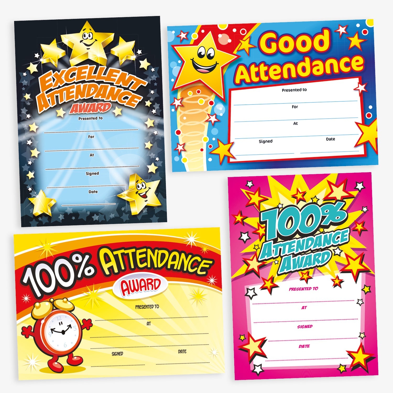 Assortment of A5 Attendance Award certificates in various vibrant designs, each featuring bold titles such as '100% Attendance Award', 'Excellent Attendance', and 'Good Attendance'. The certificates display colourful backgrounds with star motifs, and one with an alarm clock; includes spaces for 'Presented to', 'For', 'Signed', and 'Date' entries, designed to celebrate and acknowledge pupil achievements.