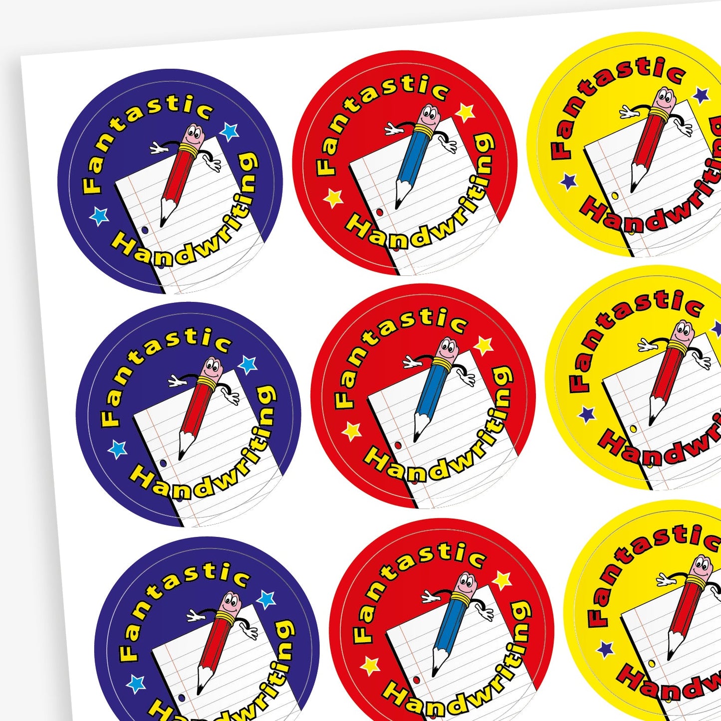 A sheet of circular reward stickers for children, each with a colourful background and the phrase 'Fantastic Handwriting'. Each sticker features a smiling cartoon pencil with arms and legs, positioned over a sheet of lined paper. The backgrounds are in different colours: blue, red, yellow, and purple.