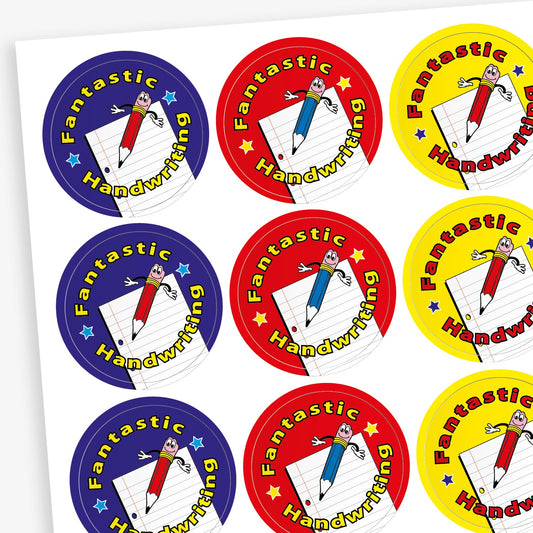 A sheet of circular reward stickers for children, each with a colourful background and the phrase 'Fantastic Handwriting'. Each sticker features a smiling cartoon pencil with arms and legs, positioned over a sheet of lined paper. The backgrounds are in different colours: blue, red, yellow, and purple.