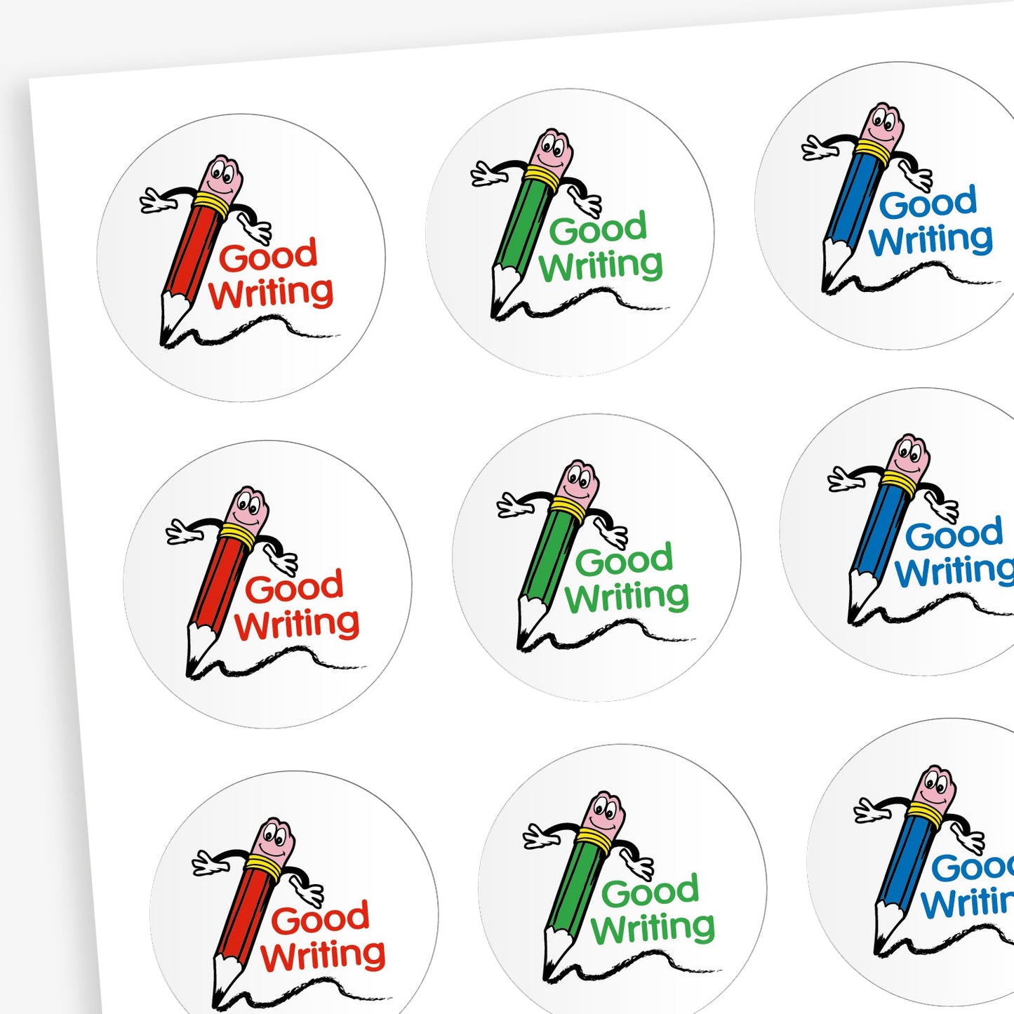 A sheet of white circular stickers featuring and illustration of a smiling pencil leaving a line behind it.  Pencils are different colours including red, green and blue.  Text on each sticker 'Good Writing' is the same colour as the pencil. 