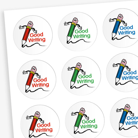 A sheet of white circular stickers featuring and illustration of a smiling pencil leaving a line behind it.  Pencils are different colours including red, green and blue.  Text on each sticker 'Good Writing' is the same colour as the pencil. 
