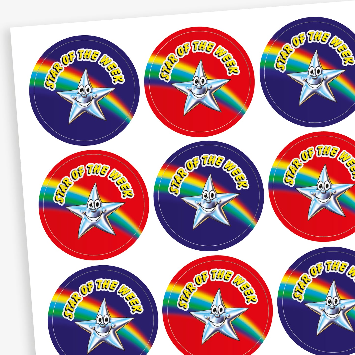 Sheet of 37mm round 'Star of the Week' stickers featuring a smiling silver star character set against various vibrant backgrounds, including red, blue, and purple, with rainbow accents; designed to celebrate and motivate pupils for outstanding achievements