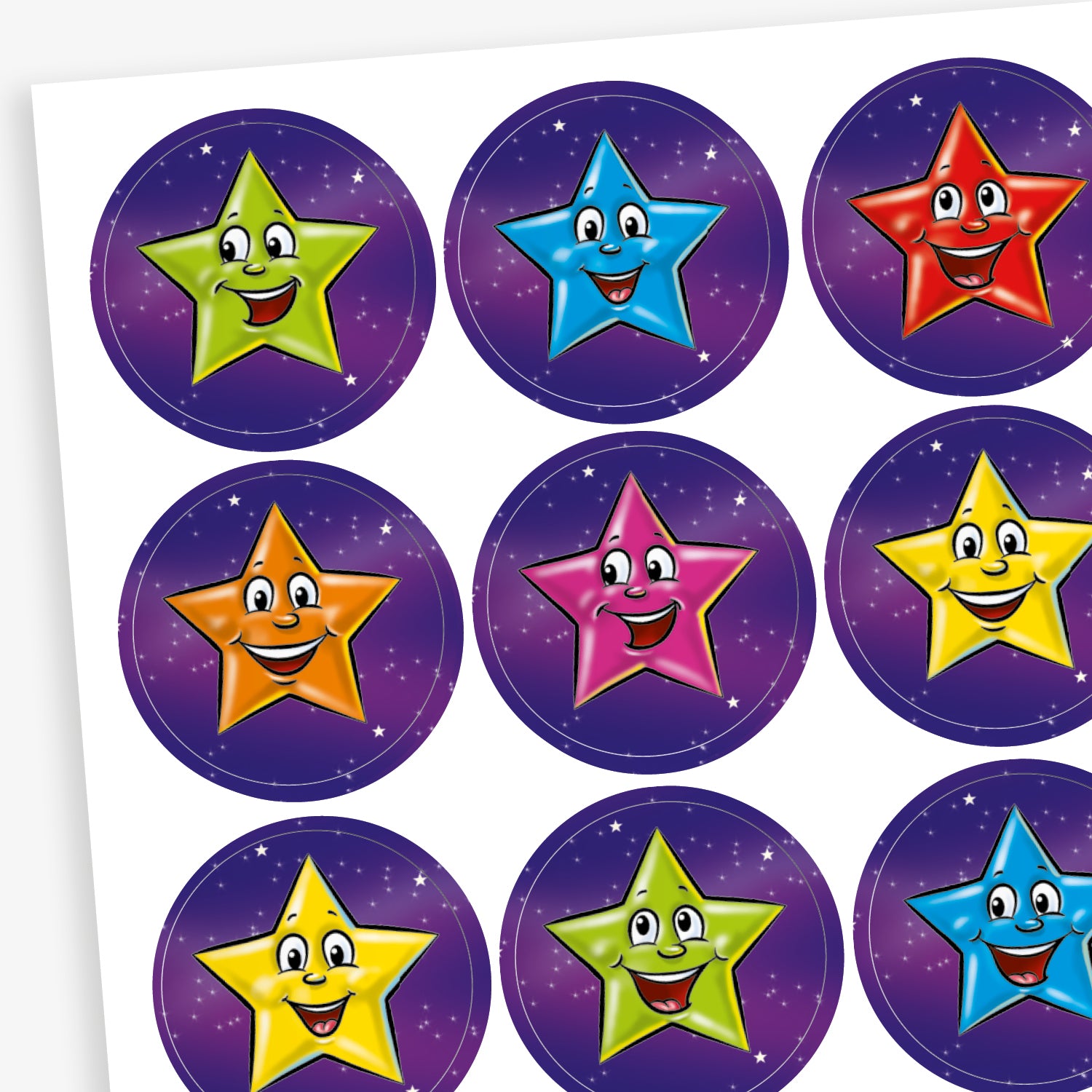 Sheet of round reward stickers featuring colourful smiling stars in green, blue, red, orange, pink, and yellow. Each star has a cheerful face and is set against a purple starry background.