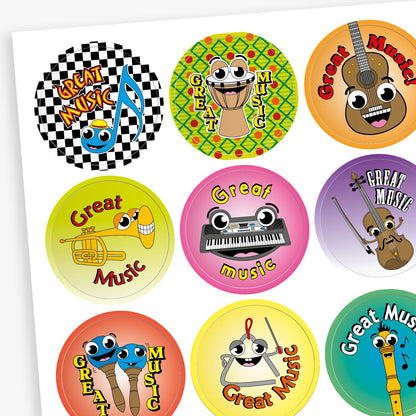 A sheet of colourful circular stickers with the phrase 'Great Music'. Each sticker features a cheerful cartoon musical instrument, including a musical note, drum, trumpet, keyboard, guitar, maracas, triangle, and recorder. The backgrounds vary in bright colours and patterns, designed to celebrate musical achievement in a fun and engaging way.