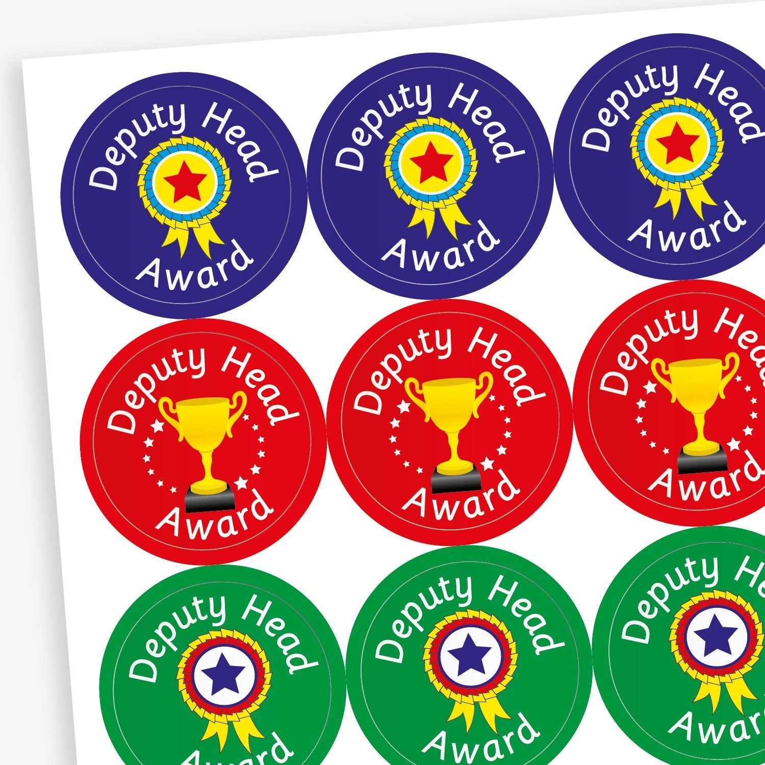A sheet of circular 'Deputy Head Award' stickers in three colour variations: blue with a rosette, red with a gold trophy and stars, and green with a rosette. Each sticker features white text and celebratory imagery indicating achievement.