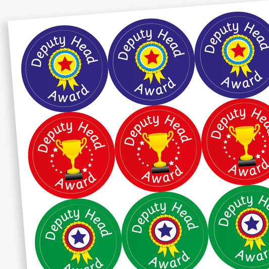 A sheet of circular 'Deputy Head Award' stickers in three colour variations: blue with a rosette, red with a gold trophy and stars, and green with a rosette. Each sticker features white text and celebratory imagery indicating achievement.