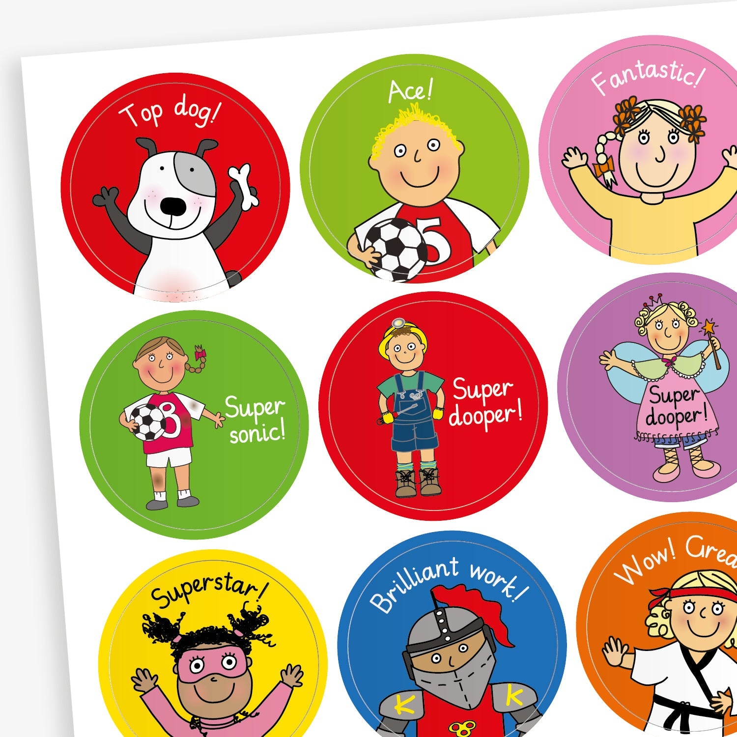 A sheet of rectangular motivational stickers for children, each featuring a positive affirmation and a cheerful cartoon character. Messages include: 'Super dooper!', 'Ace', 'Top dog!', 'Supersonic' and 'Superstar'. Characters include a princess, dog, footballer, knight and superhero, with each sticker brightly coloured.