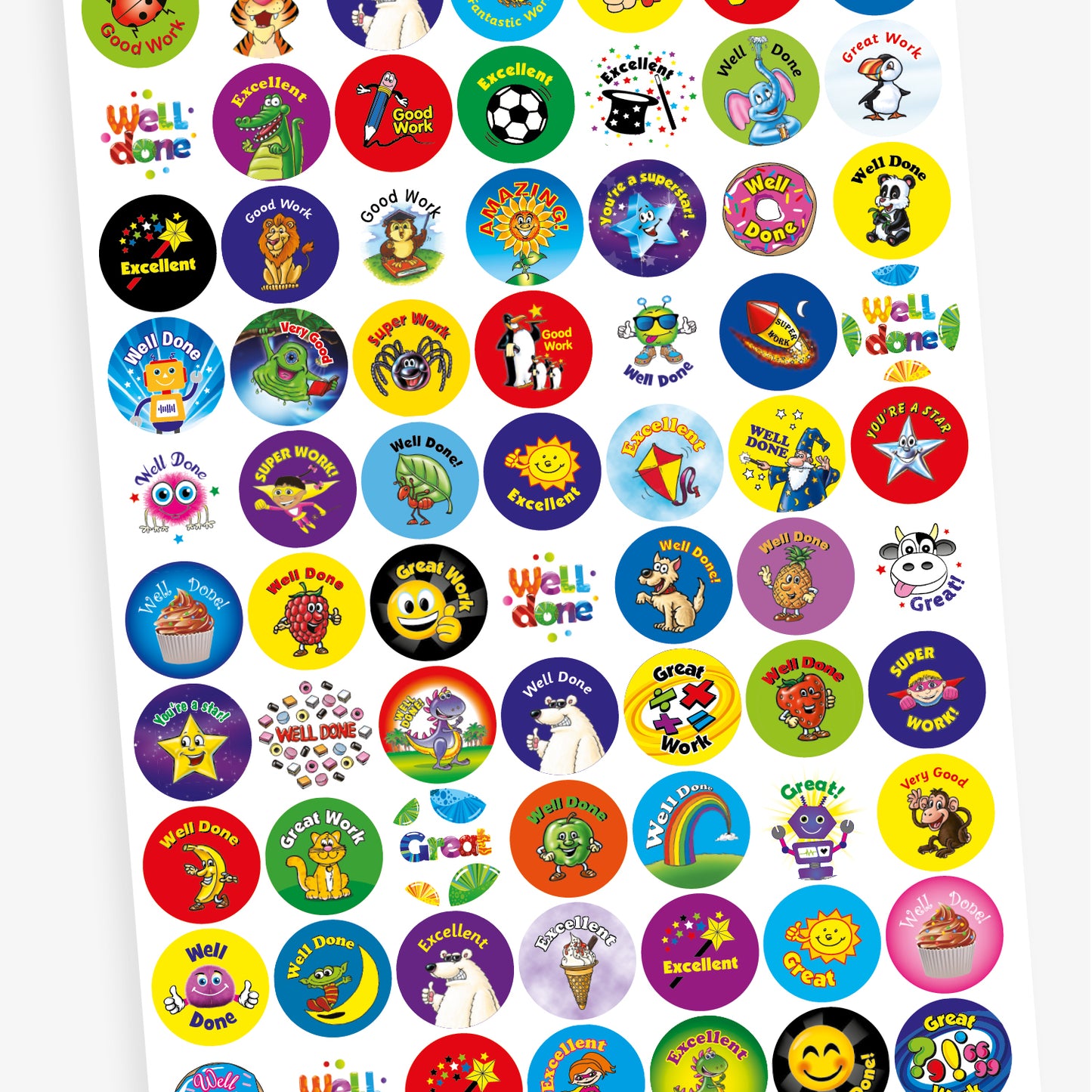 A sheet of colourful circular reward stickers featuring cheerful characters and motivational phrases such as 'Good Work', 'Amazing', 'You're a Superstar', 'Super Work', 'Well Done', and 'Excellent'. Designs include an owl, sunflower, spider, penguins, a robot with sunglasses, a ladybird, a smiling sun, and a kite, each set against vibrant backgrounds to encourage positive behaviour and achievement