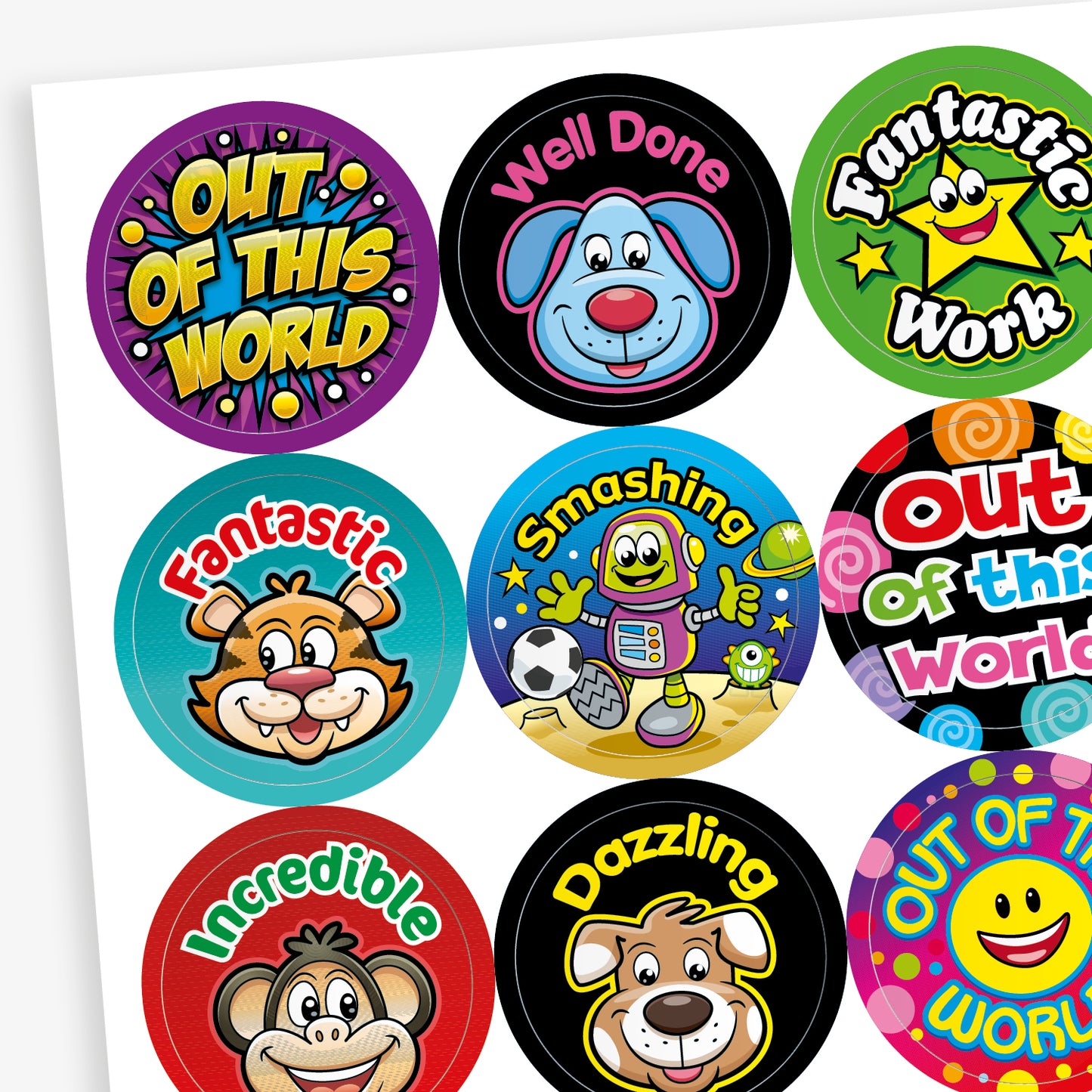 Sheet of colourful reward stickers with fun cartoon characters and praise words such as 'Out of this World', 'Well Done', 'Fantastic Work', 'Smashing', 'Incredible', and 'Dazzling'. Designs include animals, stars, robots, and smiley faces