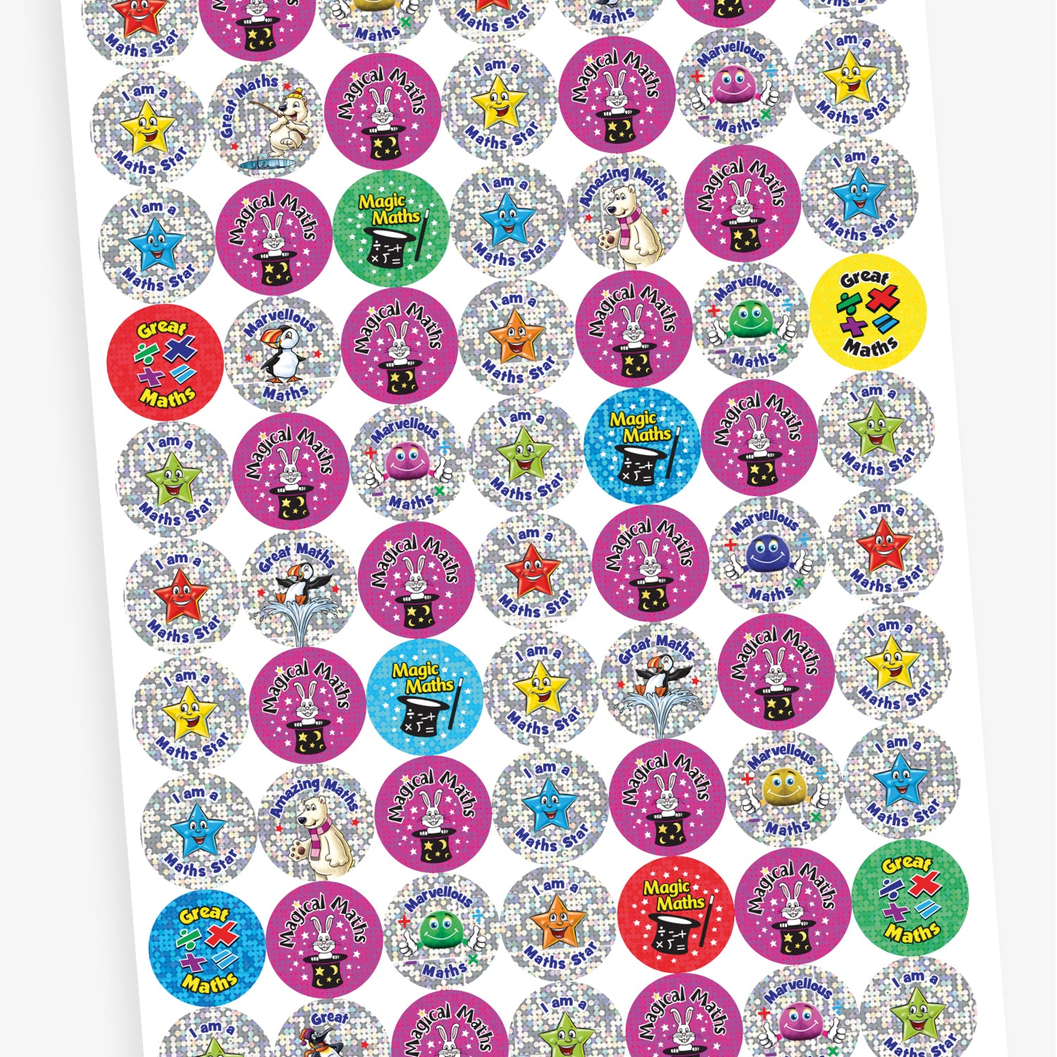 A sheet of holographic colourful round stickers with maths-themed praise. Including a pink sticker with a rabbit in a magician's hat and the phrase 'Magical Maths', a yellow sticker with maths symbols and the words 'Great Maths', a red sticker with a magician’s hat and the phrase 'Magic Maths', and a silver sticker with a smiling star and the phrase 'I am a Maths Star'.
