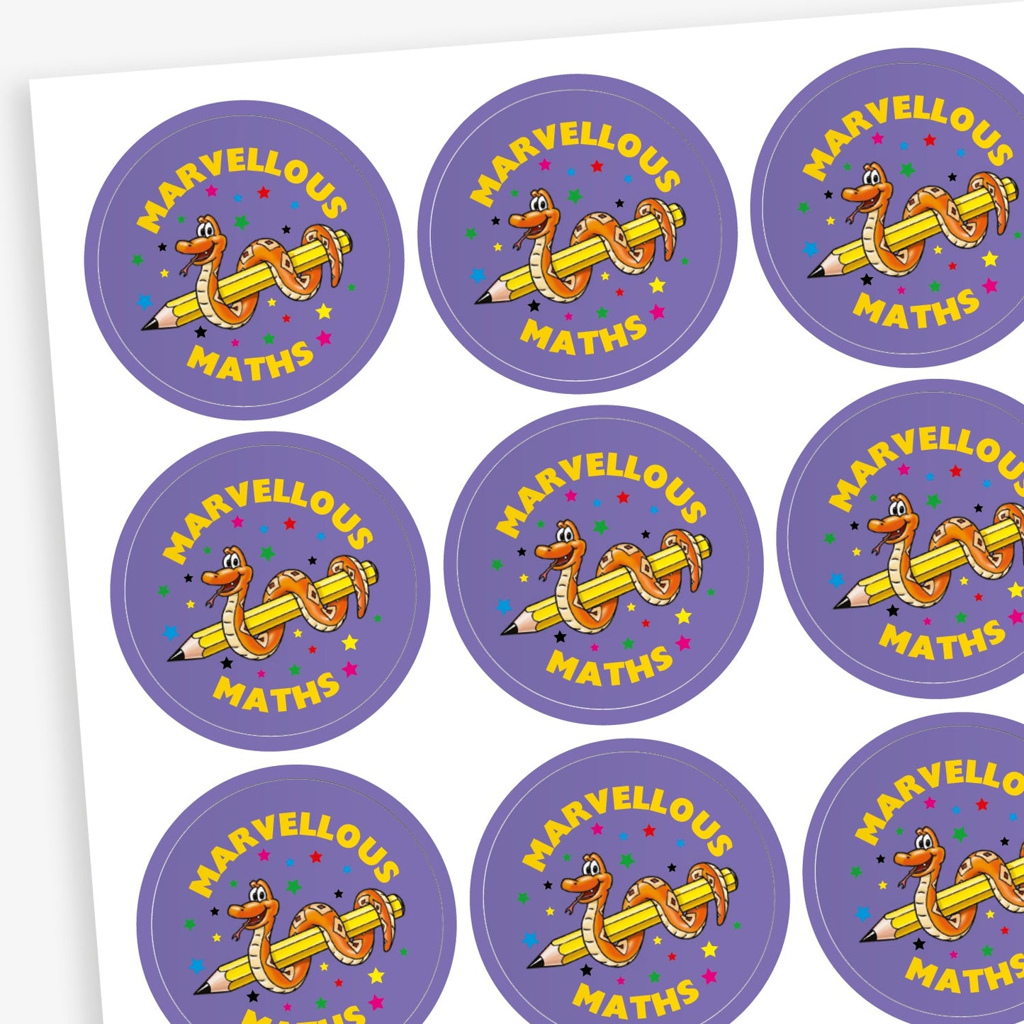 A sheet of colourful round stickers with maths-themed praise. Including a pink sticker with a rabbit in a magician's hat and the phrase 'Magical Maths', a yellow sticker with maths symbols and the words 'Great Maths', a red sticker with a magician’s hat and the phrase 'Magic Maths', and a silver sticker with a smiling star and the phrase 'I am a Maths Star'.