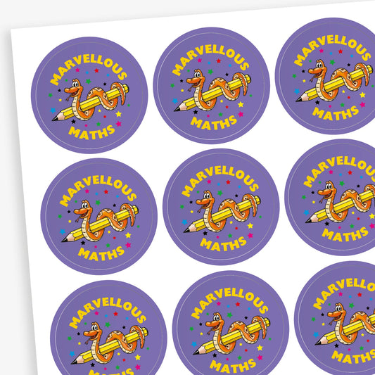 A sheet of colourful round stickers with maths-themed praise. Including a pink sticker with a rabbit in a magician's hat and the phrase 'Magical Maths', a yellow sticker with maths symbols and the words 'Great Maths', a red sticker with a magician’s hat and the phrase 'Magic Maths', and a silver sticker with a smiling star and the phrase 'I am a Maths Star'.