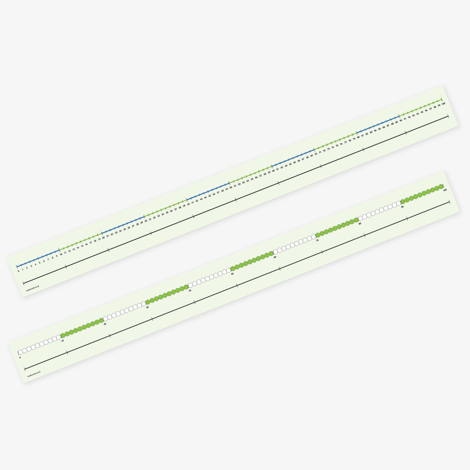 Medium classroom number line displaying numbers from 0 to 100 in a single horizontal row, with evenly spaced black numerals on a pale green background; designed to assist young learners with counting and basic arithmetic