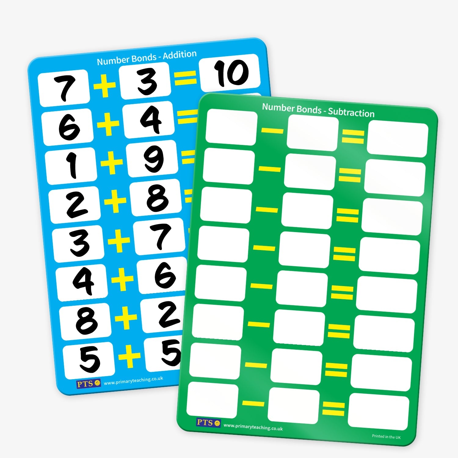 Two laminated whiteboards showing number bonds. The blue whitebouard on the left is titled 'Number Bonds – Addition' and displays completed addition problems with sums of 10. The green board on the right is titled 'Number Bonds – Subtraction' and has blank boxes for students to fill in subtraction problems.