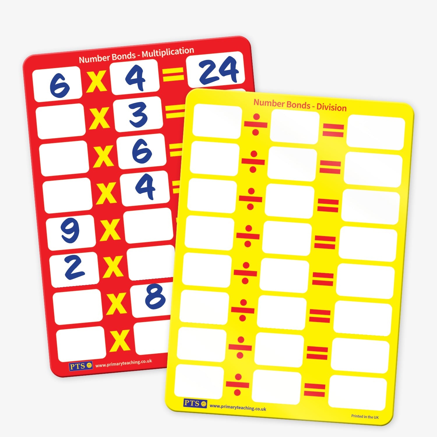Two brightly coloured educational maths whiteboards. A red whiteboard focuses on multiplication and has rows with a multiplication symbol and blank boxes for students to fill in equations. A yellow whiteboard focuses on division, similarly formatted with division symbols and empty boxes for practice problems.