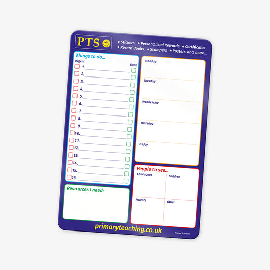 Teacher planning board with sections for organising tasks and appointments. Includes a checklist titled 'Things to do', a space for 'Resources I need', a weekly planner from Monday to Friday, and a section labelled 'People to see' divided into 'Colleagues' and 'Children'.