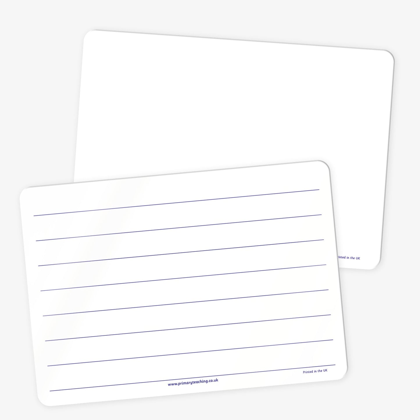 Two white drywipe boards with rounded corners. One board is plain and unlined, while the other features widely spaced horizontal handwriting lines in purple.  These boards are designed for reusable writing practice.