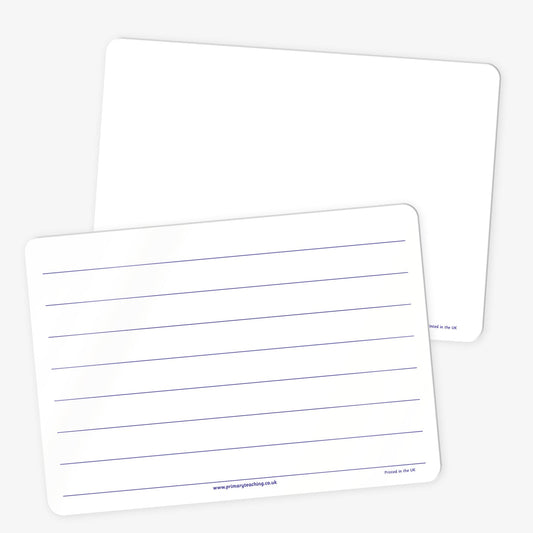 Two white drywipe boards with rounded corners. One board is plain and unlined, while the other features widely spaced horizontal handwriting lines in purple.  These boards are designed for reusable writing practice.