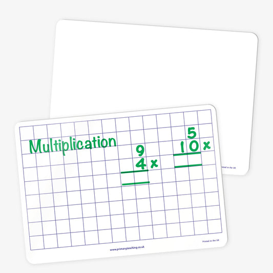 A4 dry wipe whiteboard marked with squares for maths problems, the reverse side if plain.  