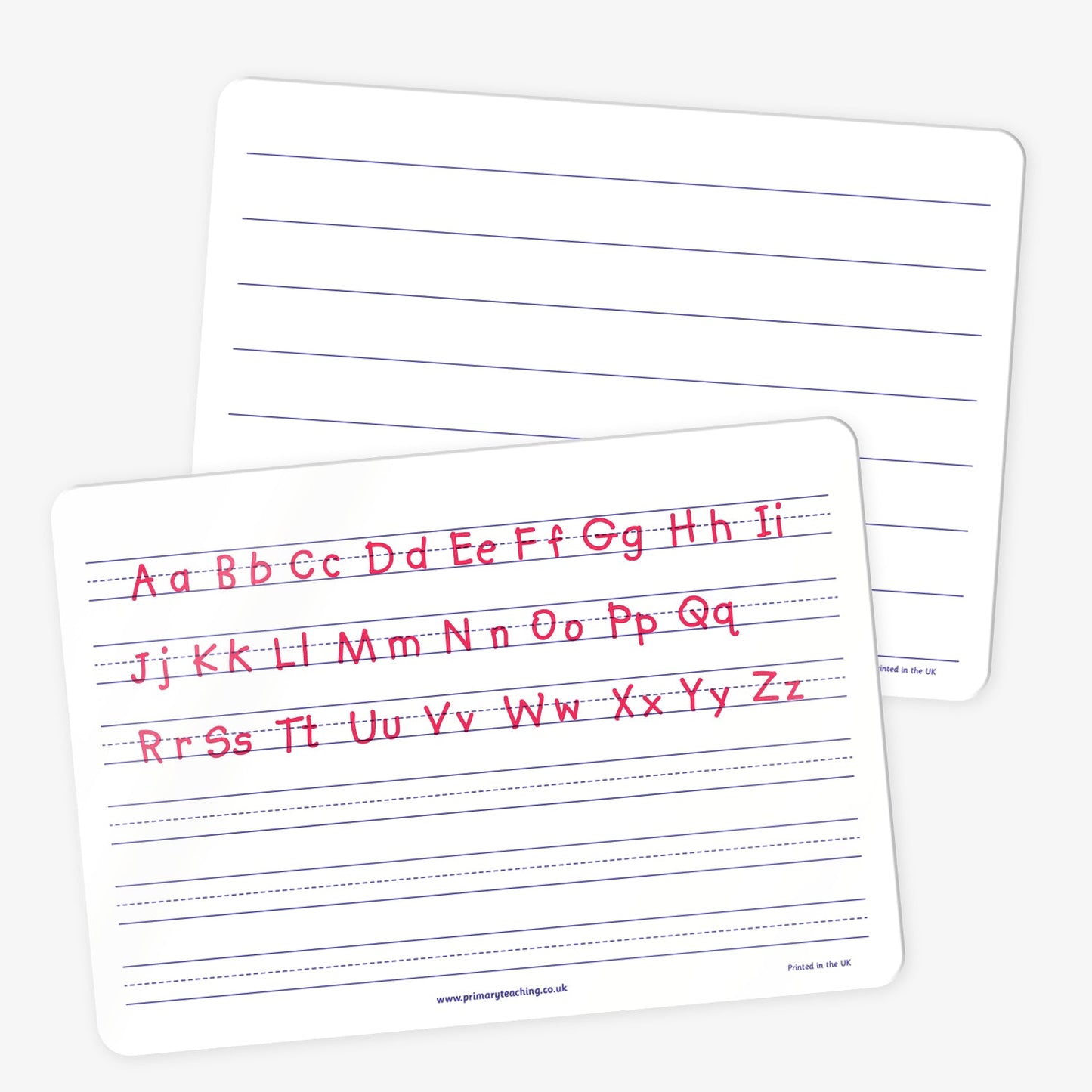 Two white dry-wipe handwriting boards. The front board displays the full English alphabet in upper and lower case letters, written in red on lined handwriting guides. The back board shows blank handwriting lines only, intended for writing practice.