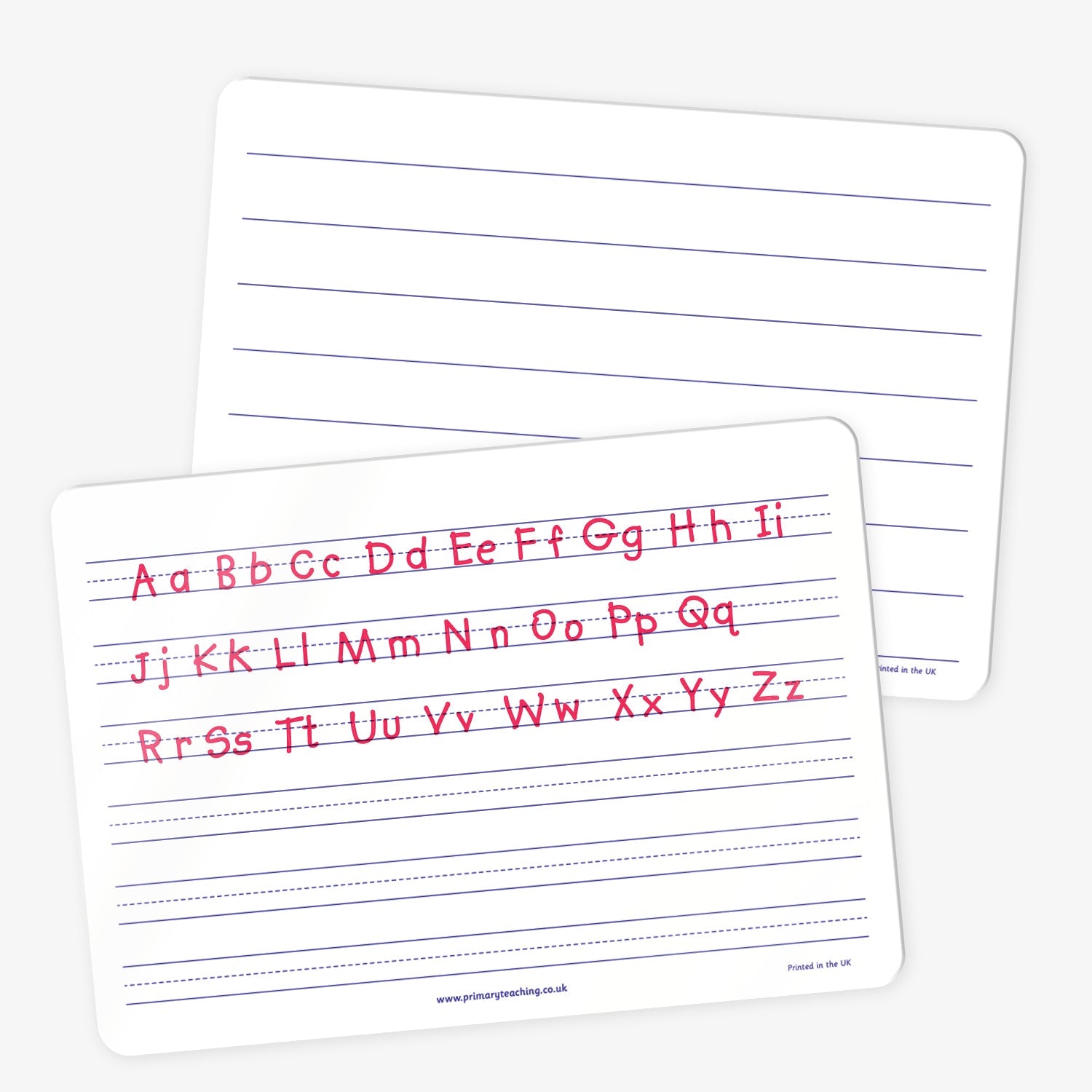 Two white dry-wipe handwriting boards. The front board displays the full English alphabet in upper and lower case letters, written in red on lined handwriting guides. The back board shows blank handwriting lines only, intended for writing practice.
