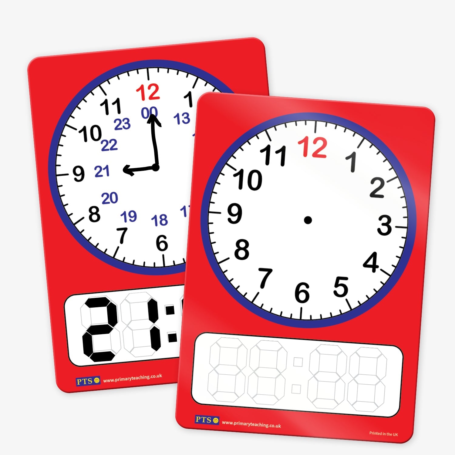Two red educational clock boards featuring analogue and digital time displays. One board shows a clock face with hour, minute, and 24-hour markings, with the time set to 9:00 and the digital section reading '21:00'. The second board shows a blank clock face and a blank digital display area. Designed for teaching time to primary school pupils.