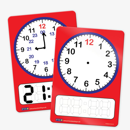 Two red educational clock boards featuring analogue and digital time displays. One board shows a clock face with hour, minute, and 24-hour markings, with the time set to 9:00 and the digital section reading '21:00'. The second board shows a blank clock face and a blank digital display area. Designed for teaching time to primary school pupils.