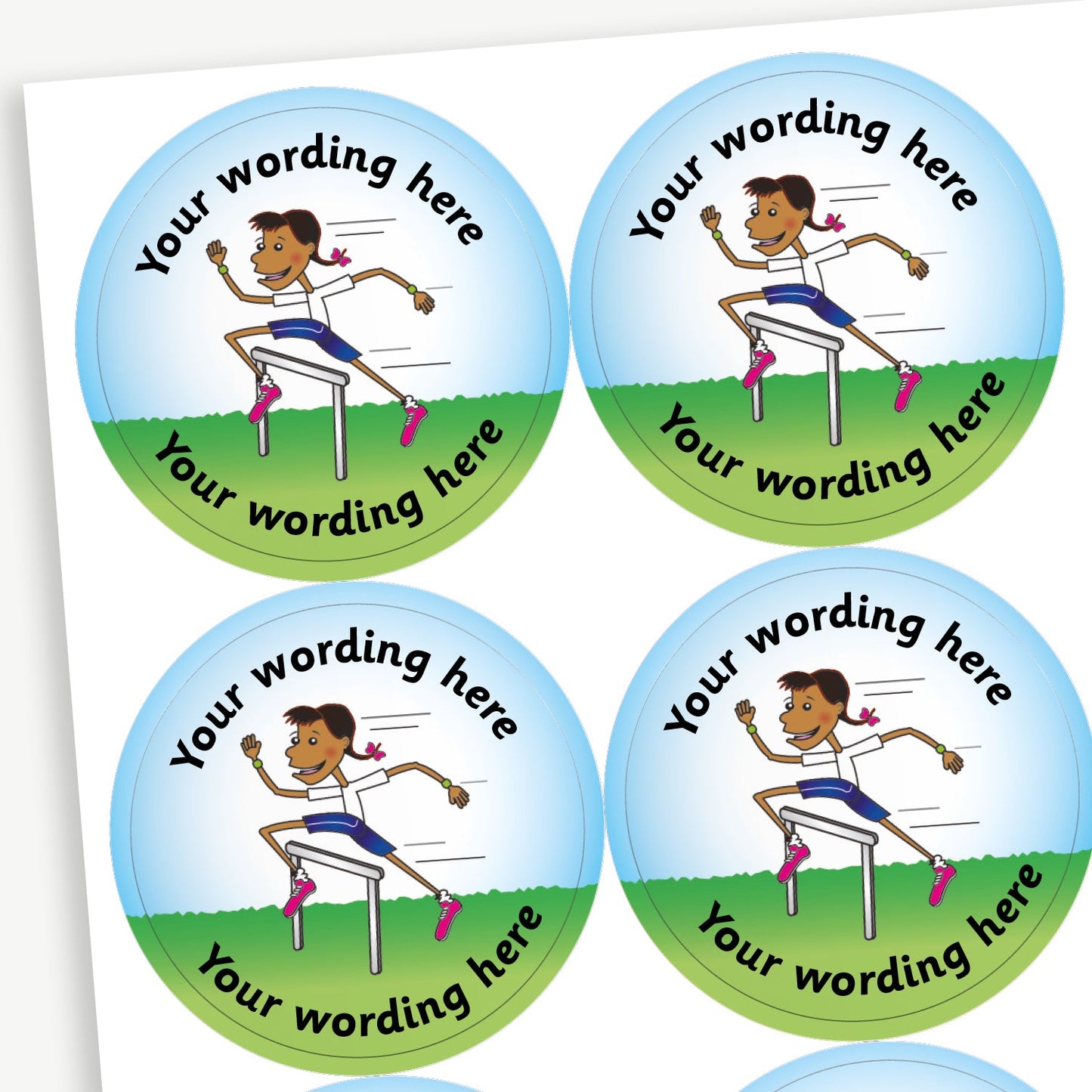 A sheet of stickers featuring background of a field and the sky with a girl jumping over hurdles in the centre.  Placeholder text 'Your wording here' is above and below the image for customisation.