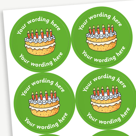 Sheet of round yellow stickers featuring birthday cake with 6 candles in the centre. Each sticker has placeholder text reading 'Your wording here' curved above and below the illustration. 