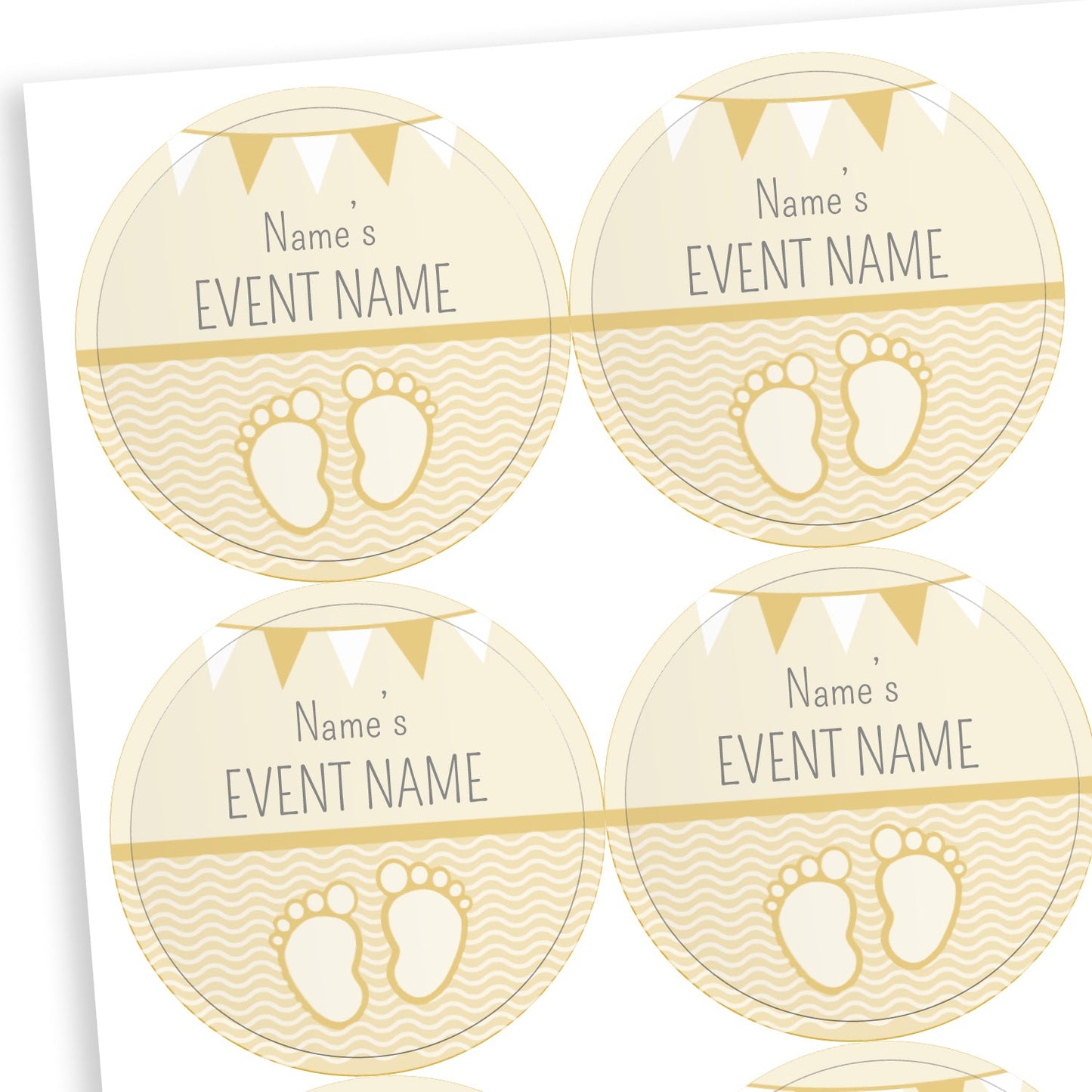 Sheet of round pale yellow stickers with a line halfway down the sticker.  The bottom half shows a pair of babies footprints against a wavy background.  Above the line placeholder text reading 'Name's    EVENT NAME' with two tone bunting at the top of the sticker.