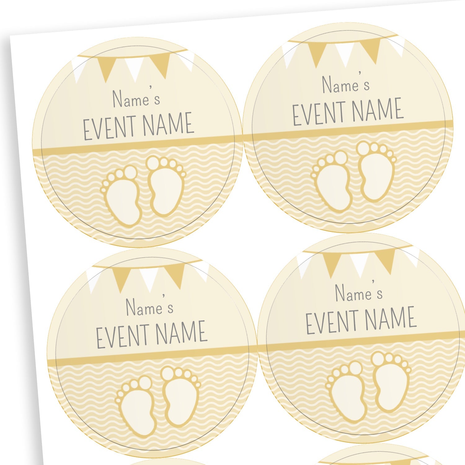 Sheet of round pale yellow stickers with a line halfway down the sticker.  The bottom half shows a pair of babies footprints against a wavy background.  Above the line placeholder text reading 'Name's    EVENT NAME' with two tone bunting at the top of the sticker.