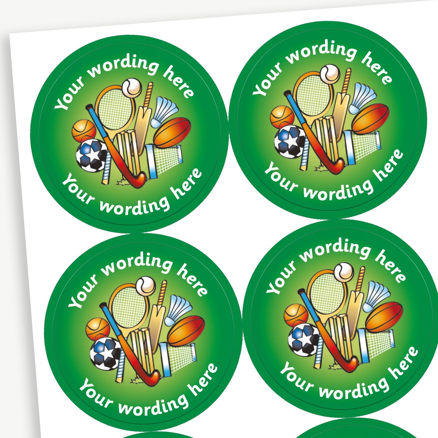 A sheet of green stickers featuring a collection of sports bats and balls in the centre.  Placeholder text 'Your wording here' is above and below the image for customisation.