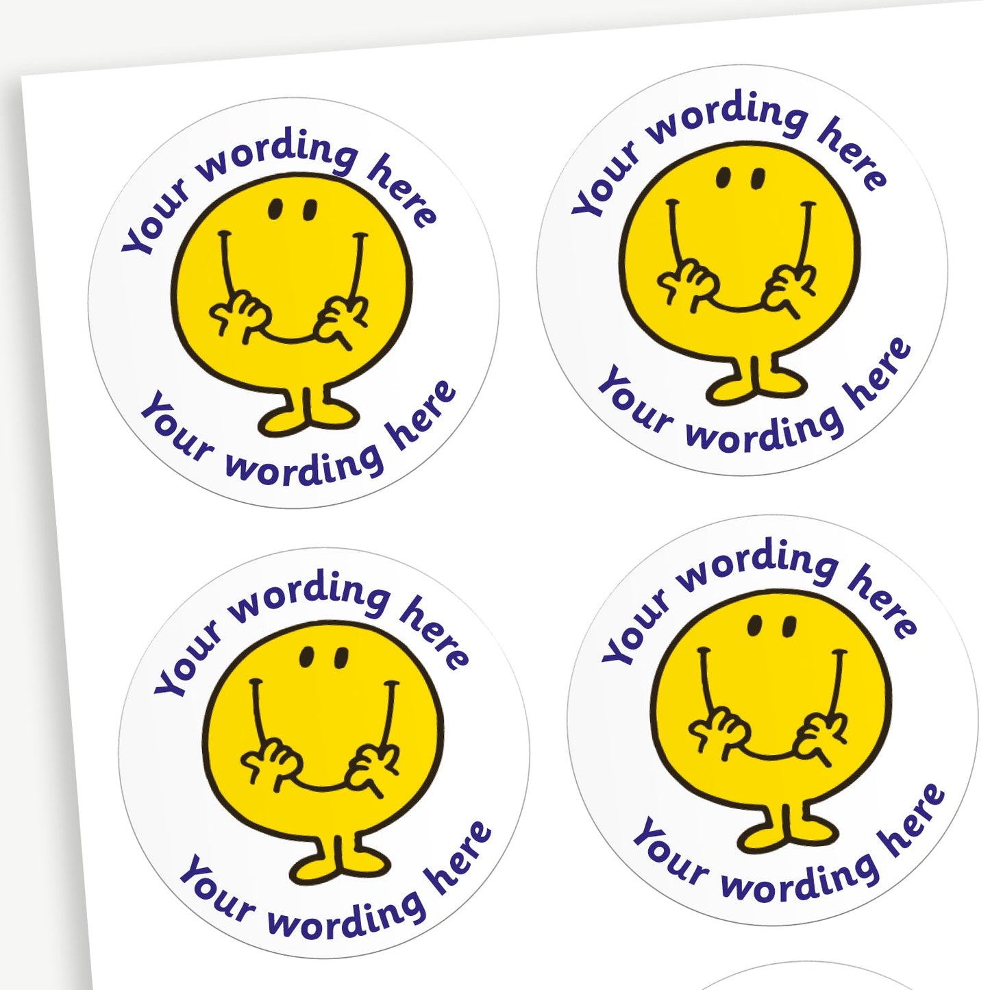 A sheet of 37mm round personalised stickers featuring Mr. Happy. Text above and below the character is customisable.
