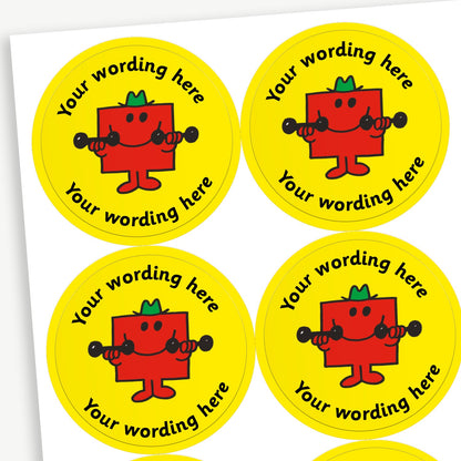 A sheet of white stickers featuring Mr Strong in the centre.  Placeholder text 'Your wording here' is above and below the image for customisation.