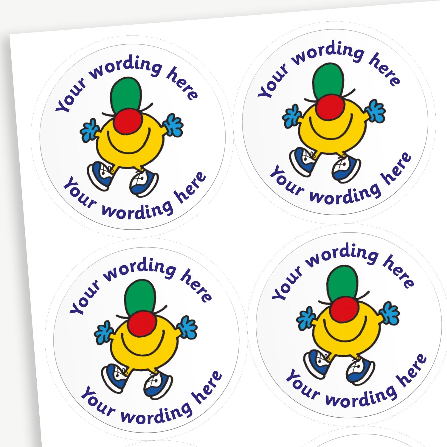 A sheet of white stickers featuring Mr Funny in the centre.  Placeholder text 'Your wording here' is above and below the image for customisation.