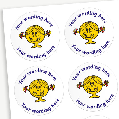 A sheet of white stickers featuring Little Miss Sunshine in the centre.  Placeholder text 'Your wording here' is above and below the image for customisation.