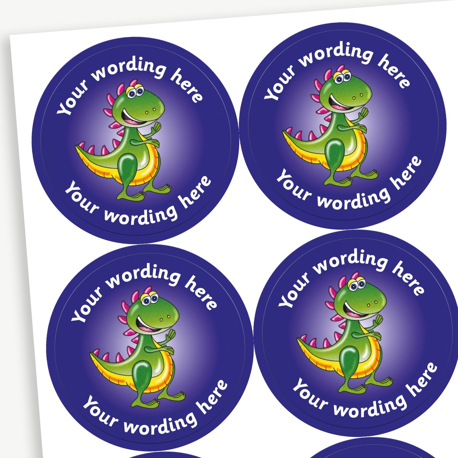 A sheet of purple circular stickers featuring a smiling cartoon T.Rex dinosaur; curving above and below the image is space for personalisation 'Your wording here' in a clear, bold font.