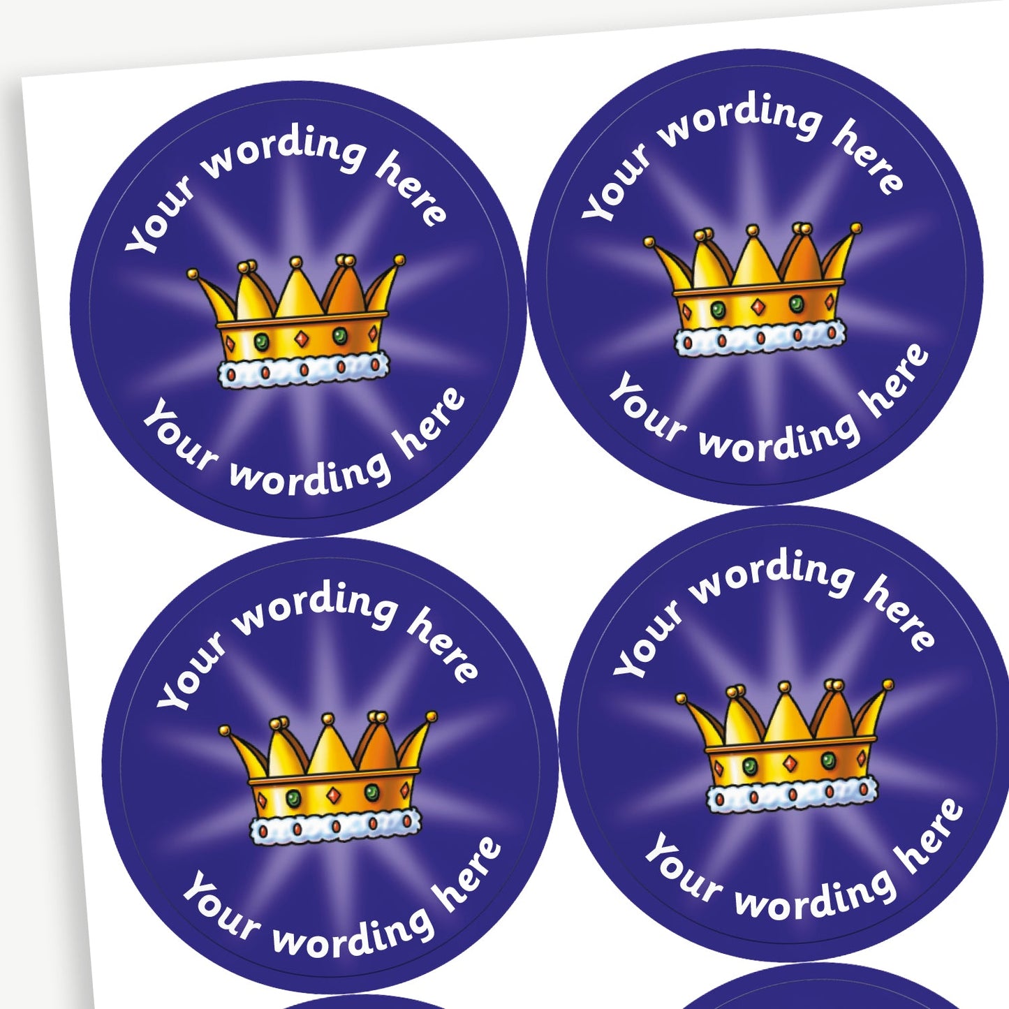 Sheet of round personalised stickers featuring a gold crown against a deep blue, starburst effect, background; includes customisable white text above and below the image for customisation.