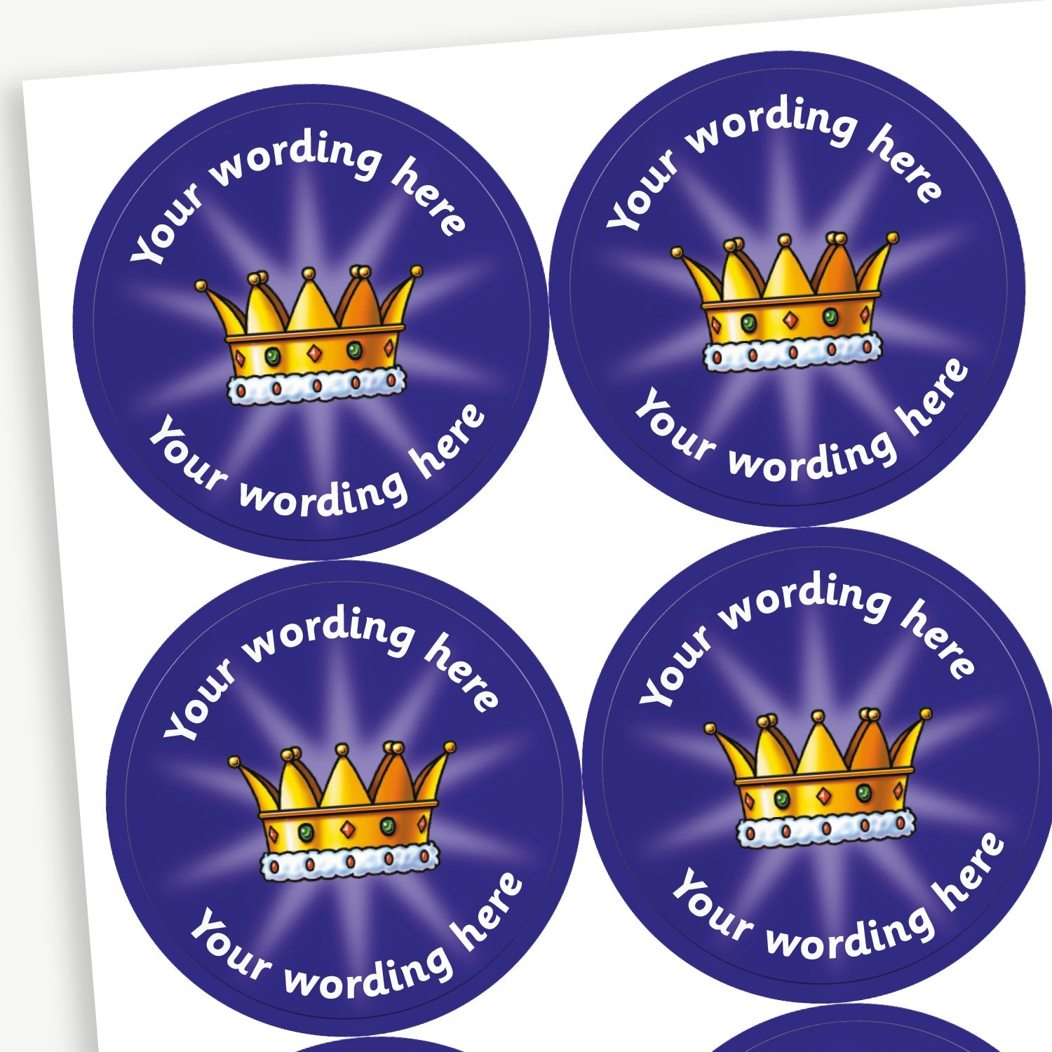 Sheet of round personalised stickers featuring a gold crown against a deep blue, starburst effect, background; includes customisable white text above and below the image for customisation.