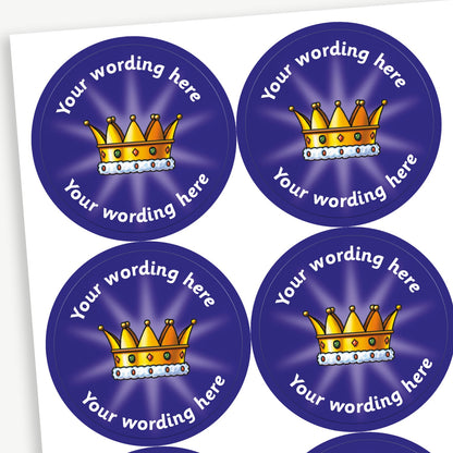 Sheet of round personalised stickers featuring a gold crown against a deep blue, starburst effect, background; includes customisable white text above and below the image for customisation.