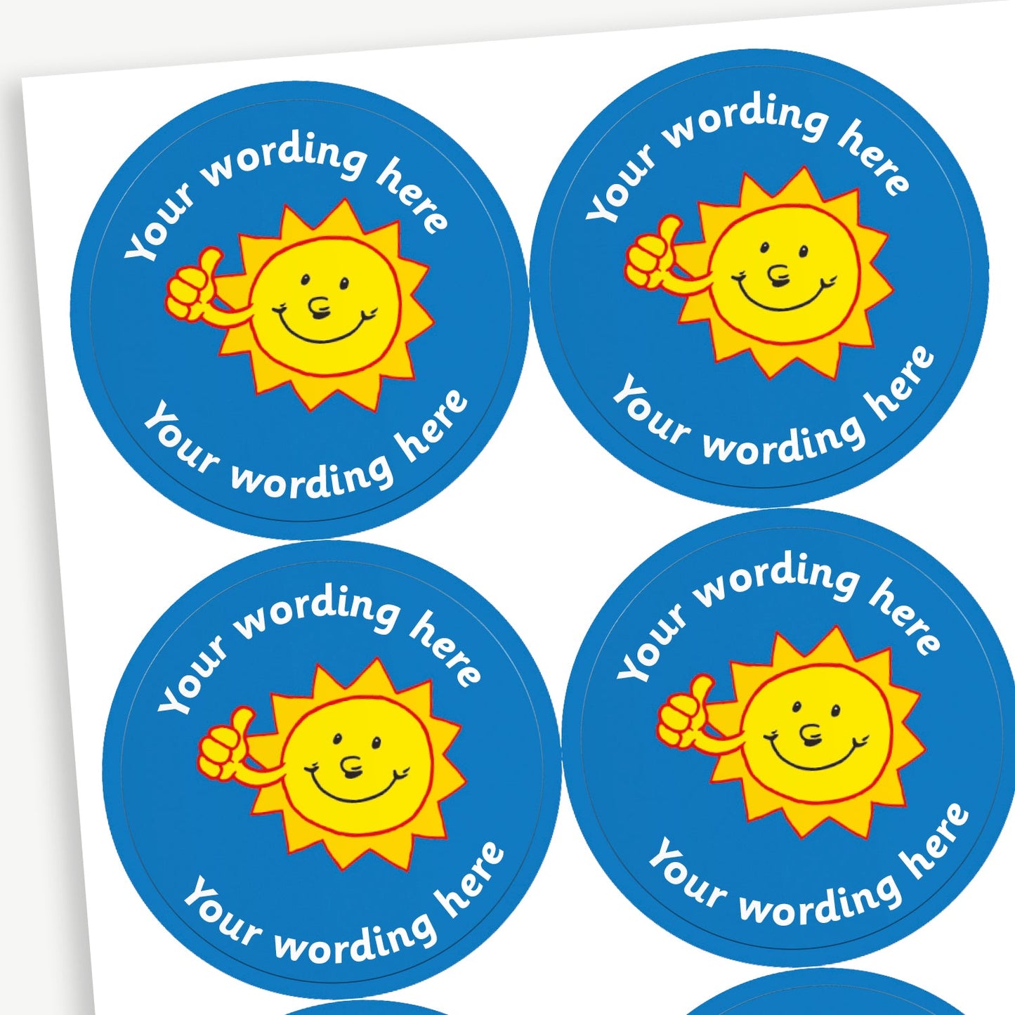 Sheet of 35 circular 37mm personalised sun stickers featuring a cheerful yellow sun with a smiling face and raised thumb, set against a vibrant blue background, with customisable white text encircling the design.
